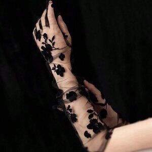 Black Floral Velvet Printed Gloves NEW Formal Halloween Party Long Gloves